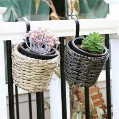 Best deal 🌟 Sunnydaze Decor Sunnydaze Modern Round Polyrattan Indoor/Outdoor Over-the-Rail Planter - 5.25" Diameter - Mist and Charcoal - 2-Piece Set 💯