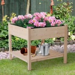 Hot Sale ๐ Outsunny Wood Raised Garden Bed with Storage Shelf Elevated Planter Box Stand with Legs for Backyard Patio Garden Balcony 3x3FT ๐