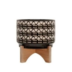 Budget 🌟 Sagebrook Home 4.88" Abstract Ceramic Planter with Wooden Stand Black ✨