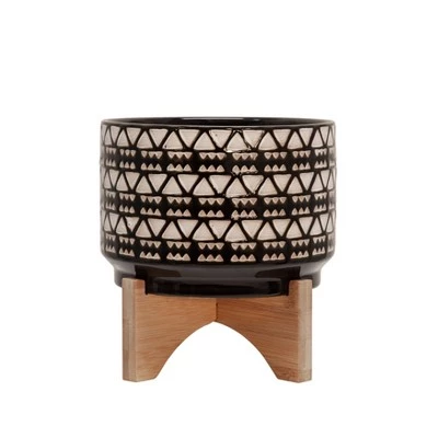 Budget π Sagebrook Home 4.88" Abstract Ceramic Planter with Wooden Stand Black β¨ 2 Budget π Sagebrook Home 4.88" Abstract Ceramic Planter with Wooden Stand Black β¨