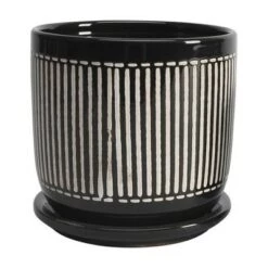 Best deal 🔥 Set of 2 10" Vertical Lines Planters with Saucer Black - Sagebrook Home 🔥