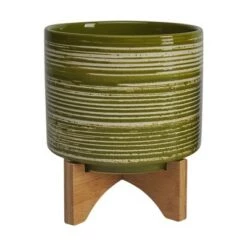 Top 10 🧨 Set of 2 10.5" Ceramic Planters on Wooden Stand Olive - Sagebrook Home 🥰