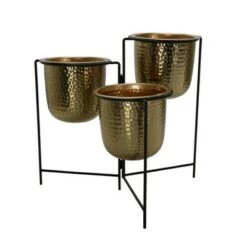 Brand new 👏 20" Metal 🔨 Hammered Planter Trio with Stand - Sagebrook Home Gold 💯