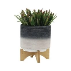 Discount 🔥 Set of 2 12" Ceramic Planters on Wooden Stand Gray - Sagebrook Home 👏