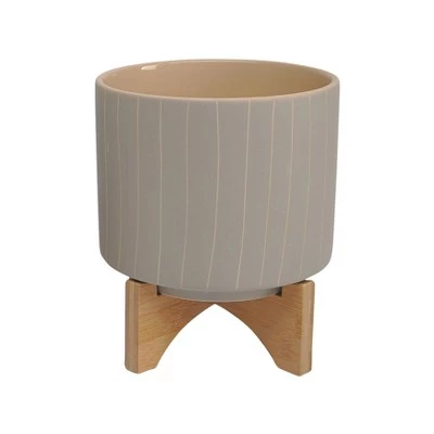 Budget 🛒 Set of 2 12" Ceramic Stripes Planter with Stand Tan - Sagebrook Home 👏 4 Budget 🛒 Set of 2 12" Ceramic Stripes Planter with Stand Tan - Sagebrook Home 👏 - Image 2