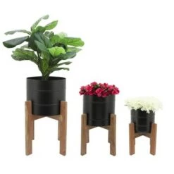 Discount ✔️ Sagebrook Home Set of 3 Cylinder Metal Planters with Wood Stand Black 🛒