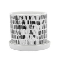Flash Sale 🌟 Sagebrook Home Set of 2 Etched Lines Patterned Geometric Ceramic Planters with Saucers White/Black ⌛