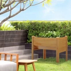 Wholesale 💯 Outsunny 48'' Fir Wood Raised Garden Bed with Tool Hooks Elevated Planter Box Stand with Unique Funnel Design for Backyard Patio to Grow Vegetables 👏