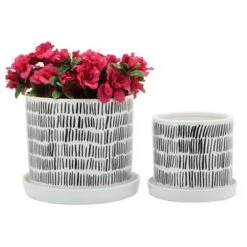Flash Sale 🌟 Sagebrook Home Set of 2 Etched Lines Patterned Geometric Ceramic Planters with Saucers White/Black ⌛ -Planters Sales Store unnamed file 5221