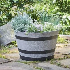 Brand new ✔️ Southern Patio HDR-055457 Resin Whiskey Barrel Indoor Outdoor Garden Planter Pot for Vegetables, Trees, Plants, and Flowers, Gray 👏