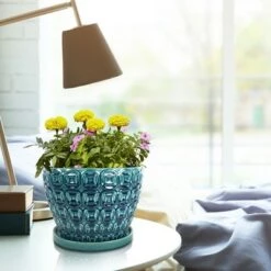 Wholesale 👍 Southern Patio 12 Inch Ceramic Clay Mayer Flower Planter & Saucer Tray, Seafoam ✔️