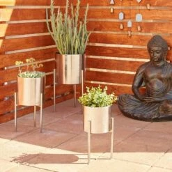 Cheap 😍 Set of 3 Contemporary Metal Planters in Stands - Olivia & May Gold ⌛