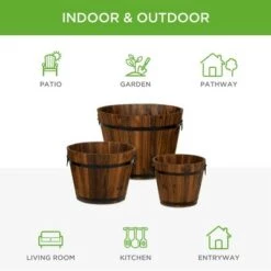 Budget 🎁 Best Choice Products Set of 3 Rustic Wood Bucket Barrel Flower Garden Planters Set w/ Drainage Holes, Multiple Sizes ⭐ -Planters Sales Store unnamed file 5320