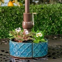 Budget 🔥 Handmade Glazed Ceramic Trellis Umbrella Half Moon Shaped Planter Blue - Alfresco Home LLC 🤩