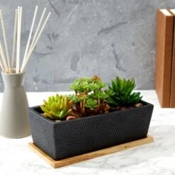 Buy 👍 Juvale Black Rectangle Cement Planter Indoor Outdoor with Wooden Drainage Base (8.34 x 4 x 3 in) 👏