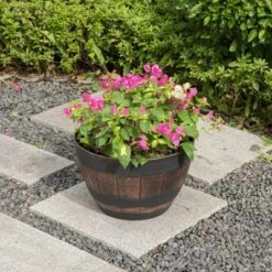 Wholesale ✨ Gardenised Brown Outdoor Rustic Half Barrel Flower Garden Planter Bowl, Plastic ✔️