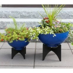 Discount ✨ ACHLA Designs 13.75" x 16" Planter Bowl French Blue Galvanized Steel with Black Wrought Iron Plant Stand 👍 -Planters Sales Store unnamed file 5949