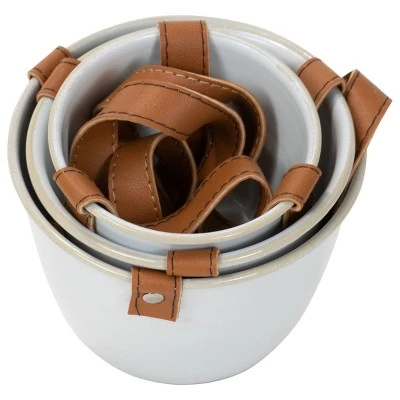 Outlet ๐ Set of 3 Antique White Enamel Metal and Faux Leather Straps Hanging Planter - Foreside Home & Garden ๐ 3 Outlet ๐ Set of 3 Antique White Enamel Metal and Faux Leather Straps Hanging Planter - Foreside Home & Garden ๐