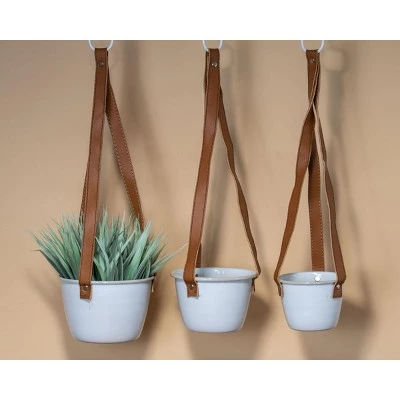 Outlet ๐ Set of 3 Antique White Enamel Metal and Faux Leather Straps Hanging Planter - Foreside Home & Garden ๐ 7 Outlet ๐ Set of 3 Antique White Enamel Metal and Faux Leather Straps Hanging Planter - Foreside Home & Garden ๐ - Image 5