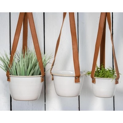 Outlet ๐ Set of 3 Antique White Enamel Metal and Faux Leather Straps Hanging Planter - Foreside Home & Garden ๐ 9 Outlet ๐ Set of 3 Antique White Enamel Metal and Faux Leather Straps Hanging Planter - Foreside Home & Garden ๐ - Image 7