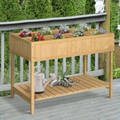Best Sale 😉 Outsunny Wooden Raised Garden Bed with 8 Slots, Elevated Planter Box Stand with Open Shelf for Limited Garden Space to Grow Herbs, Vegetables ⭐ -Planters Sales Store unnamed file 6186