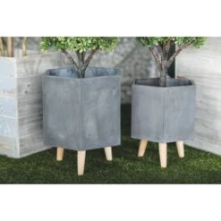 Best Pirce 🥰 Set of 2 Farmhouse Hexagonal Ceramic and Fiber Clay Planters with Stands - Olivia & May Dark Gray ⭐