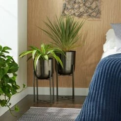 Discount 😉 CosmoLiving by Cosmopolitan Set of 2 11" x 11" x 22"/10" x 10" x 19" Contemporary Iron Planters with Stands Black 😀