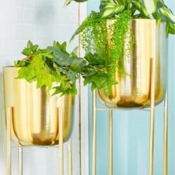 Best Sale ✔️ CosmoLiving by Cosmopolitan Set of 2 12" x 12" x 46"/11" x 11" x 39" Planters with Stand Gold ⭐ -Planters Sales Store unnamed file 6373