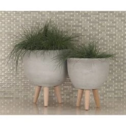 Best deal 👏 Olivia & May Set of 3 Contemporary Fiber Clay Planters with Wooden Stands - Olivia & May 🥰