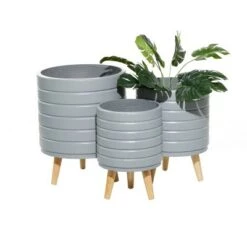 Best Pirce 👏 Olivia & May Set of 3 Contemporary Wood Striped Planters Gray - Olivia & May 🛒