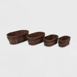 Best deal 🛒 4pc Barrel Style Oval Wooden Planters Brown - Leisure Season ⌛ -Planters Sales Store unnamed file 6697