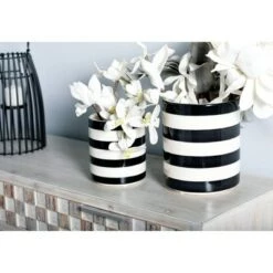 Budget 🎉 Olivia & May Set of 3 Planters White/Black Striped - Olivia & May 🔥