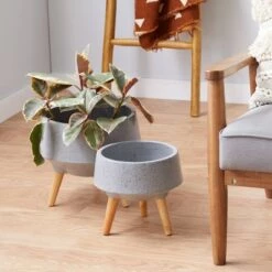 Best Pirce 🥰 Set of 2 Contemporary Wood Bowl Planters - Olivia & May White 😉 -Planters Sales Store unnamed file 6726