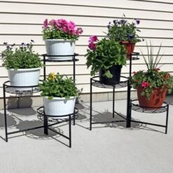Flash Sale 🎉 Sunnydaze Decor Sunnydaze Indoor/Outdoor Iron Metal 3-Tiered Decorative Flower Plant Pot Holder Stand Display - Black - 2pk 🌟