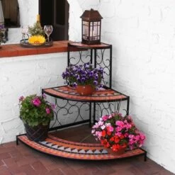 Best deal 😀 Sunnydaze Decor Sunnydaze Indoor/Outdoor Steel 3-Tiered Potted Flower Plant Corner Display Stand Shelf with Mosaic Tiled Top - 40" 🥰
