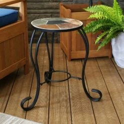 Best deal 🔥 Sunnydaze Decor Sunnydaze Indoor/Outdoor Steel Frame Decorative Slate Tile Top Flower Plant Stand Display Side Table - 12" 🎁
