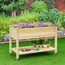 Flash Sale ❤️ Costway Raised Garden Bed Wood Elevated Planter Bed w/Lockable Wheels Shelf & Liner 💯 -Planters Sales Store unnamed file 7621