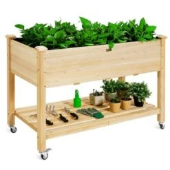 Flash Sale ❤️ Costway Raised Garden Bed Wood Elevated Planter Bed w/Lockable Wheels Shelf & Liner 💯 -Planters Sales Store unnamed file 7623