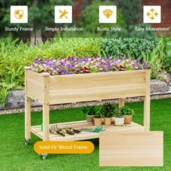 Flash Sale ❤️ Costway Raised Garden Bed Wood Elevated Planter Bed w/Lockable Wheels Shelf & Liner 💯 -Planters Sales Store unnamed file 7624