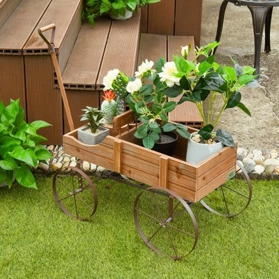 Hot Sale ๐ Costway Garden Plant Planter Wooden Wagon Planter W/ Wheel Garden Yard โ๏ธ 4 Hot Sale ๐ Costway Garden Plant Planter Wooden Wagon Planter W/ Wheel Garden Yard โ๏ธ - Image 2