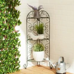 Best deal 👏 Zingz & Thingz 10.7" Indoor/Outdoor Iron Corner Plant Stand Black - Zings & Thingz 🧨 -Planters Sales Store unnamed file 7770