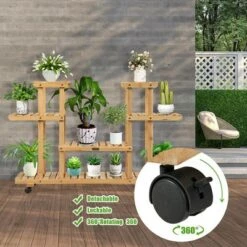 Brand new ❤️ Costway 4-Tier Wooden Plant Stand W/Wheels Multipurpose Storage Rack, Wood Grain Color ✨ -Planters Sales Store unnamed file 7778