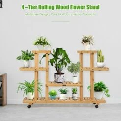 Brand new ❤️ Costway 4-Tier Wooden Plant Stand W/Wheels Multipurpose Storage Rack, Wood Grain Color ✨ -Planters Sales Store unnamed file 7781