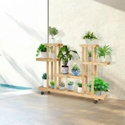 Brand new ❤️ Costway 4-Tier Wooden Plant Stand W/Wheels Multipurpose Storage Rack, Wood Grain Color ✨ -Planters Sales Store unnamed file 7784
