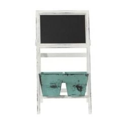 Promo ⌛ 26" x 13.5" Wooden Farmhouse Planter Bin and Chalkboard Stand White/Blue - Nearly Natural ⭐