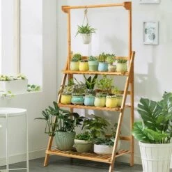 Outlet ✔️ Costway 3 Tier Bamboo Hanging Folding Plant Shelf Stand Flower Pot Display Rack Bookcase 😀