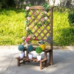 Best Pirce 😉 Outsunny 2-Tier Wooden Garden Elevated Plant Stand Display Free Standing Flower Pot Rack with Climbing Vine Trellis for the Backyard 😀