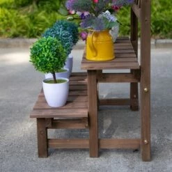 Best Pirce 😉 Outsunny 2-Tier Wooden Garden Elevated Plant Stand Display Free Standing Flower Pot Rack with Climbing Vine Trellis for the Backyard 😀 -Planters Sales Store unnamed file 8203