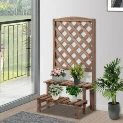 Best Pirce 😉 Outsunny 2-Tier Wooden Garden Elevated Plant Stand Display Free Standing Flower Pot Rack with Climbing Vine Trellis for the Backyard 😀 -Planters Sales Store unnamed file 8204
