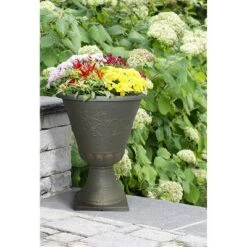 Best deal 🥰 Southern Patio Porter 165 Inch Diameter Resin Stone Indoor Outdoor Garden Planter Urn Pot for Flowers, Herbs, Vegetables, and Plants, Rust Brown 🎉